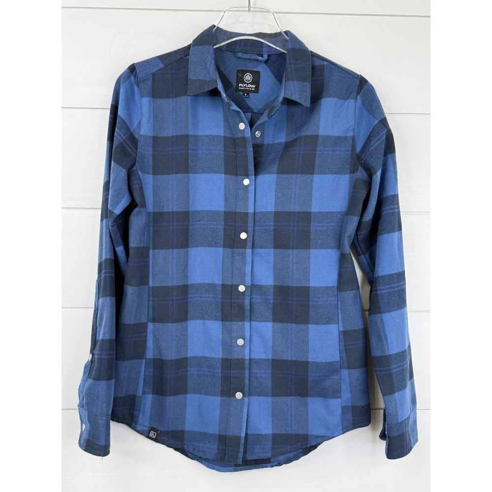 Flylow Flannel Shirt Womens‎ Small Blue Black Buffalo Plaid Snap Front BRIGETTE